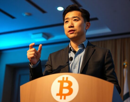 Ashish Singhal, CEO of CoinSwitch, speaking at a conference with a Bitcoin backdrop.