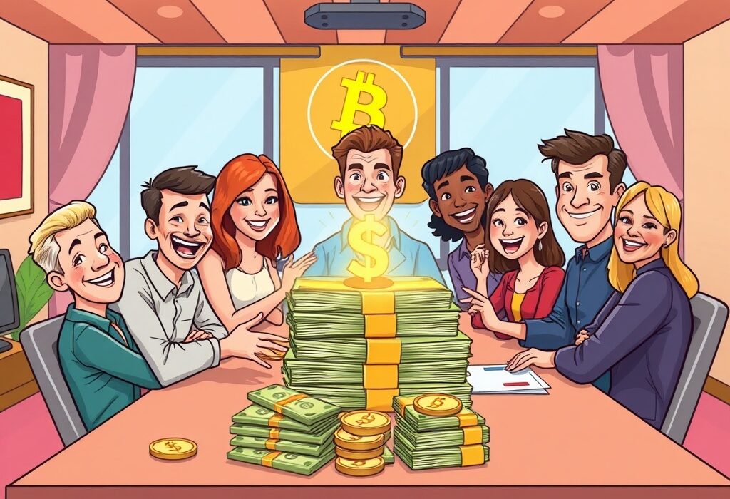 A cartoon illustration showing the successful Cointel funding round, highlighting investment in AI crypto education.
