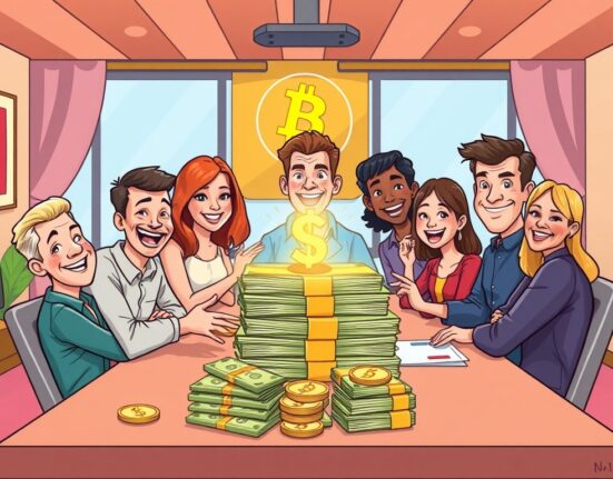 A cartoon illustration showing the successful Cointel funding round, highlighting investment in AI crypto education.