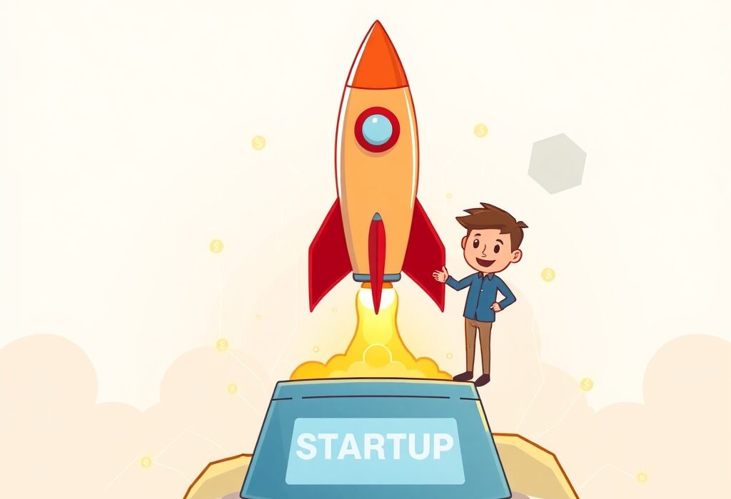 Cartoon illustration depicting the launch of an Injective startup program rocket, symbolizing accelerated growth for DeFi fintech startups.