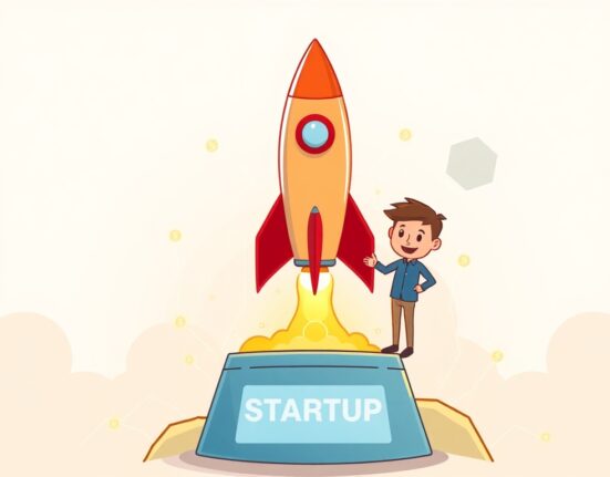 Cartoon illustration depicting the launch of an Injective startup program rocket, symbolizing accelerated growth for DeFi fintech startups.