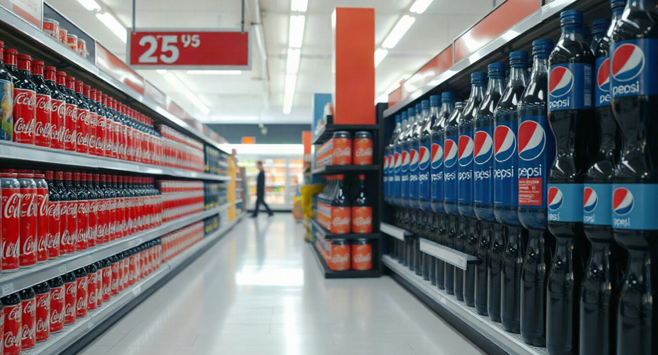 Supermarket aisle with Coca-Cola and Pepsi products on shelves, symbolizing the price competition between the two brands.