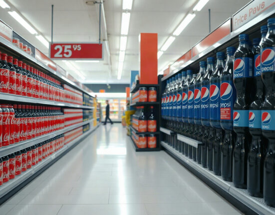 Supermarket aisle with Coca-Cola and Pepsi products on shelves, symbolizing the price competition between the two brands.