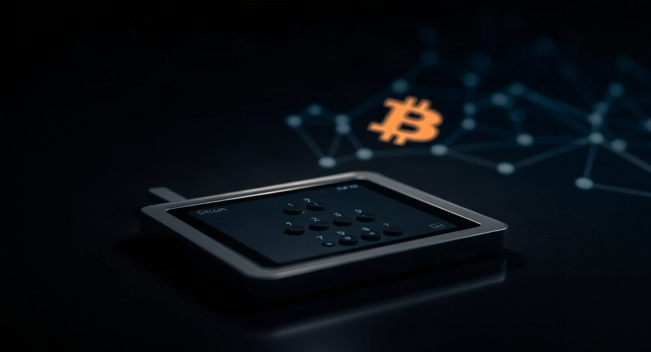 Close-up of a hardware wallet on a dark surface with a Bitcoin symbol and network glow, representing the Coldcard theft and security breach.