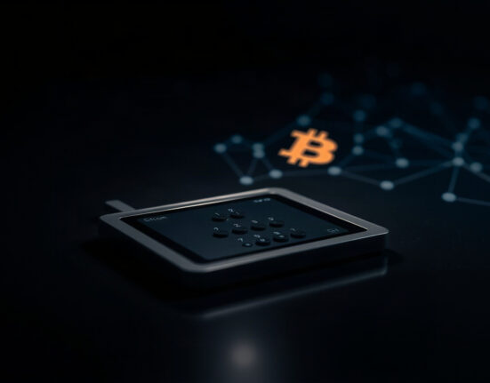 Close-up of a hardware wallet on a dark surface with a Bitcoin symbol and network glow, representing the Coldcard theft and security breach.