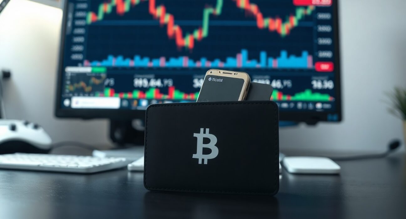 Coldcard hardware wallet on a dark surface with a Bitcoin chart in the background