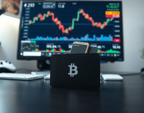 Coldcard hardware wallet on a dark surface with a Bitcoin chart in the background