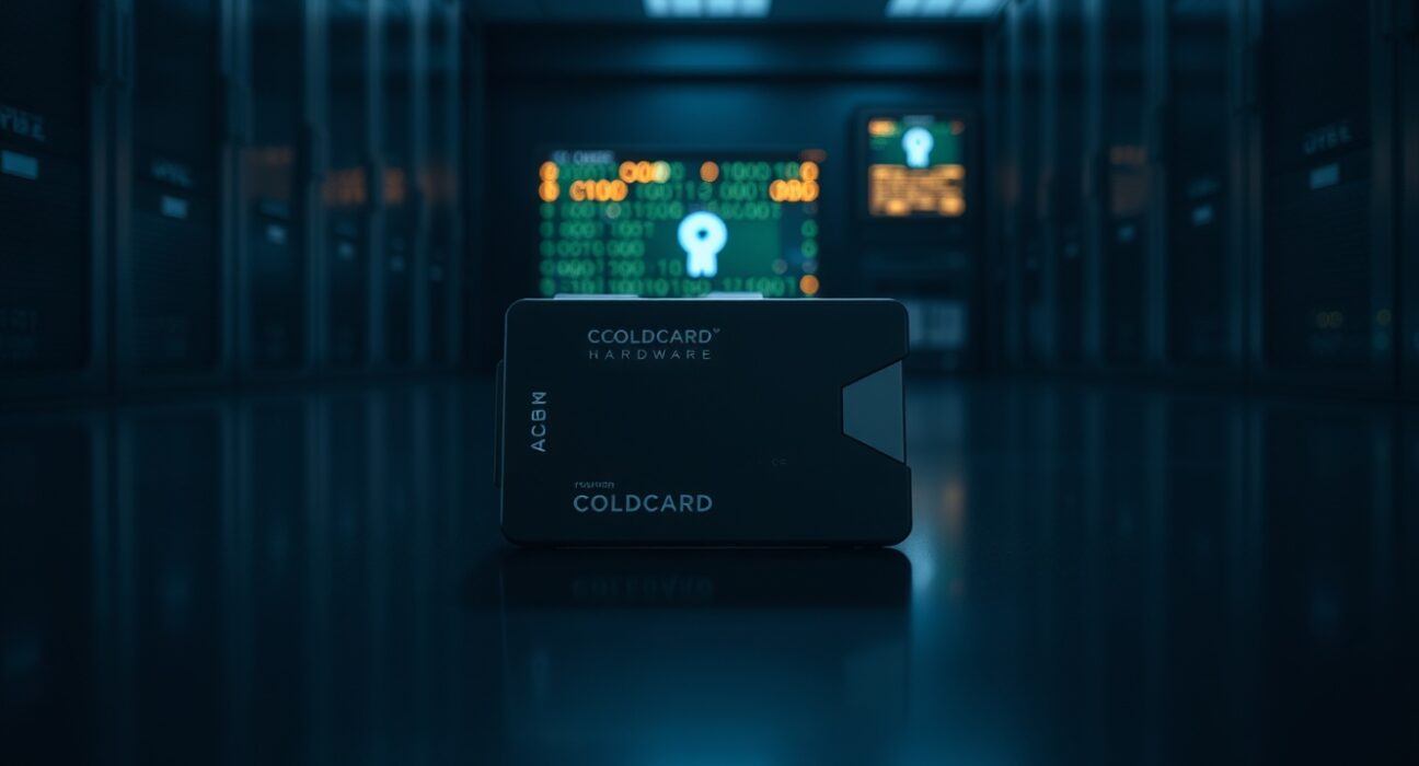 Coldcard hardware wallet on a reflective surface in a dim security lab, representing the key-generation exploit.