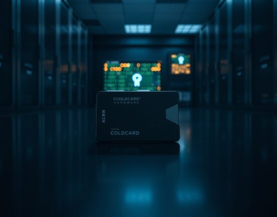 Coldcard hardware wallet on a reflective surface in a dim security lab, representing the key-generation exploit.