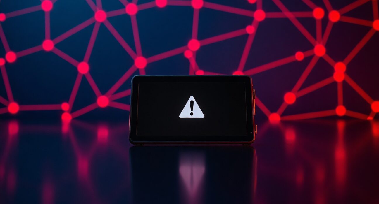 Coldcard hardware wallet on dark surface with digital warning overlay representing security vulnerability