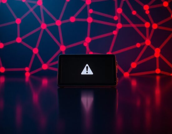 Coldcard hardware wallet on dark surface with digital warning overlay representing security vulnerability