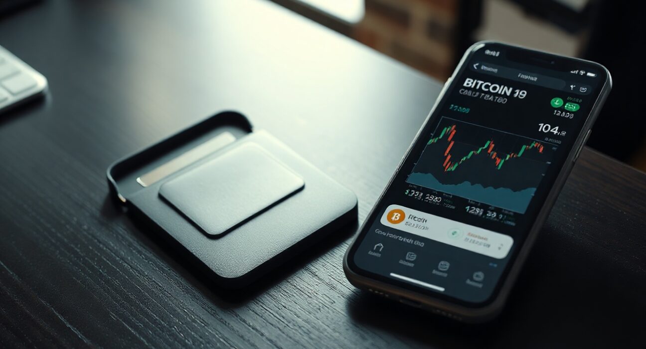 Bitcoin hardware wallet and stock trading app on desk