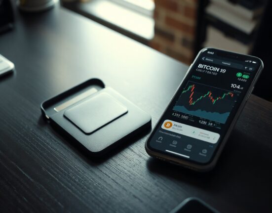Bitcoin hardware wallet and stock trading app on desk