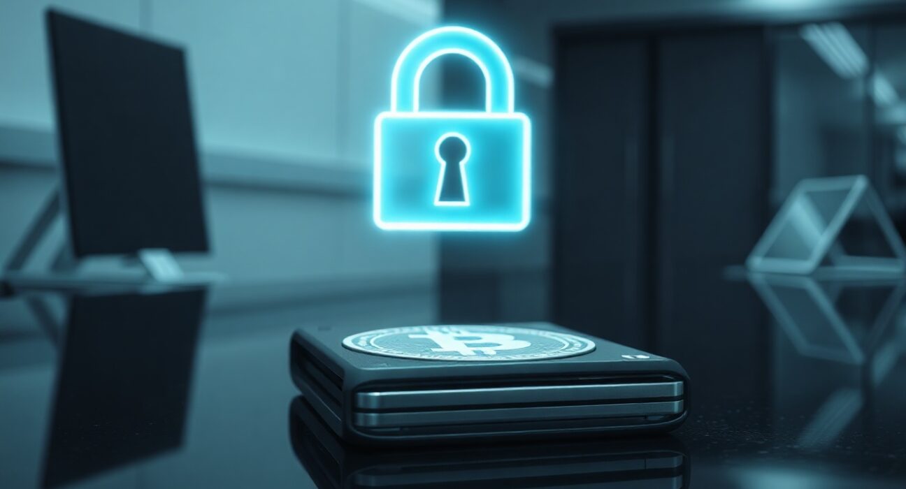 Bitcoin hardware wallet on desk with glowing padlock icon, representing security breach