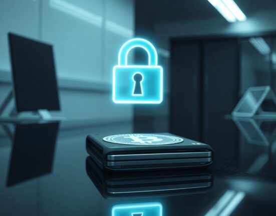 Bitcoin hardware wallet on desk with glowing padlock icon, representing security breach