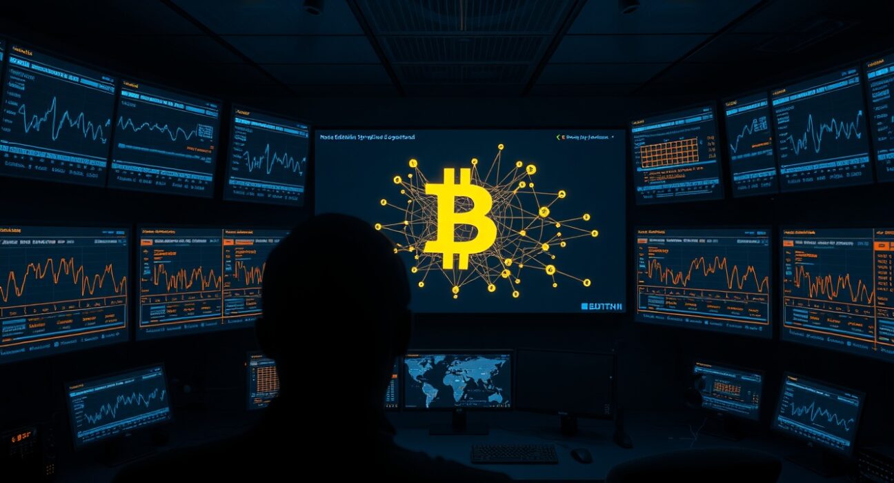 Analyst monitors blockchain screens showing Bitcoin transactions in a dark security operations room