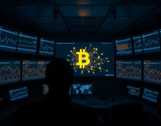 Analyst monitors blockchain screens showing Bitcoin transactions in a dark security operations room