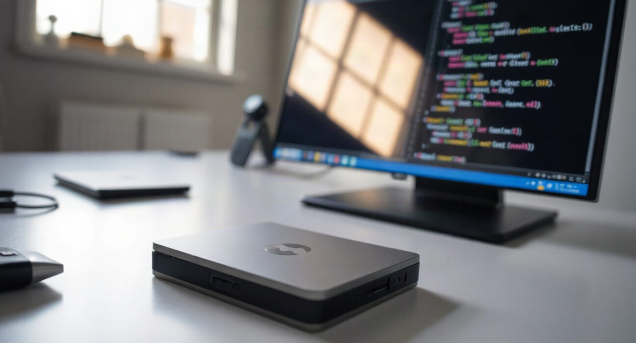 Coldcard hardware wallet on a desk with a firmware update screen in the background