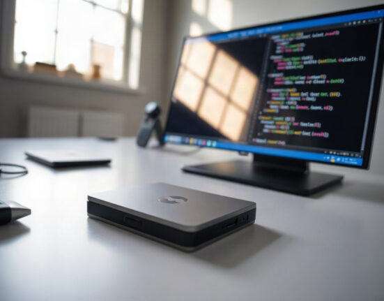 Coldcard hardware wallet on a desk with a firmware update screen in the background