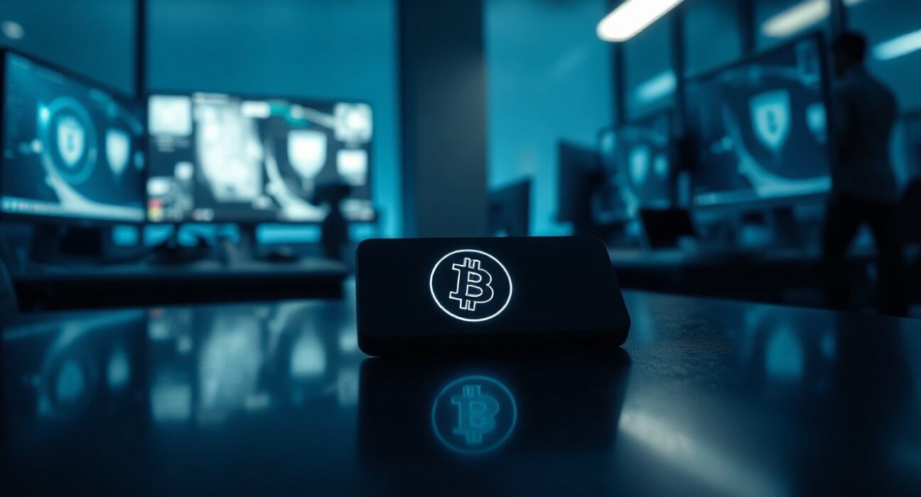 Close-up of a Bitcoin hardware wallet on a dark surface, symbolizing the ongoing Coldcard thefts.