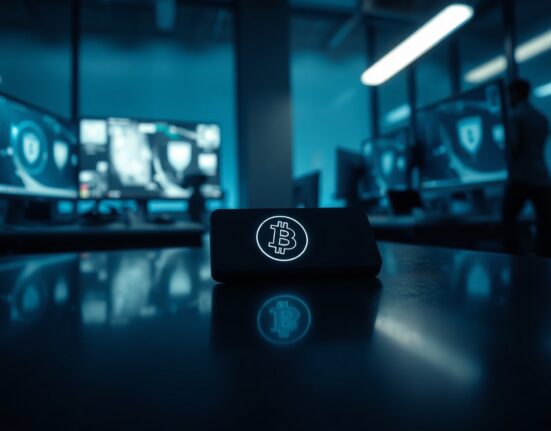 Close-up of a Bitcoin hardware wallet on a dark surface, symbolizing the ongoing Coldcard thefts.