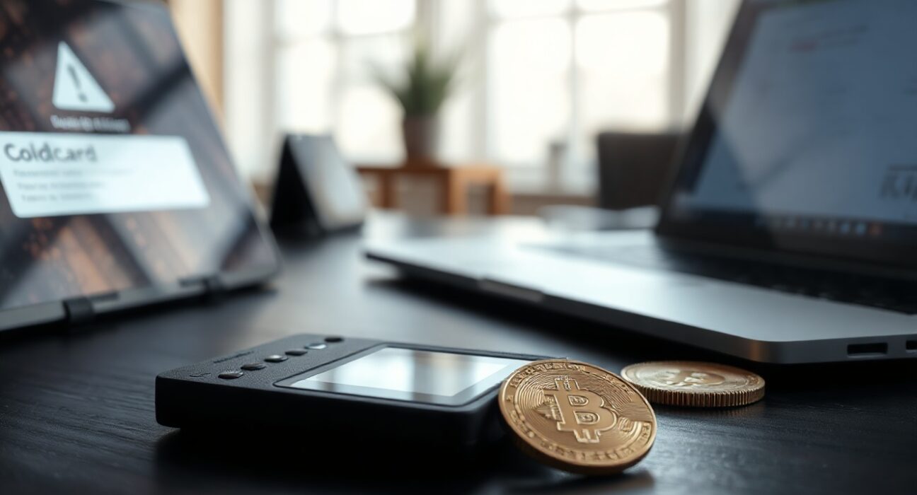 Coldcard hardware wallet next to a Bitcoin coin and laptop with a security alert, symbolizing the ongoing threat after the hack.
