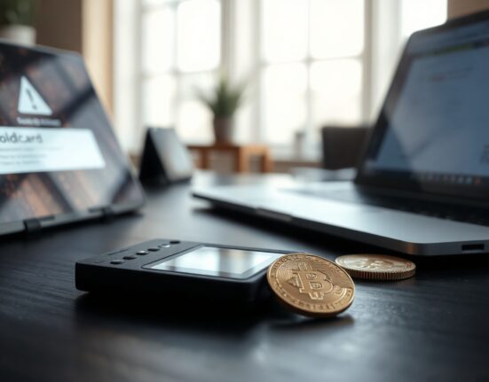 Coldcard hardware wallet next to a Bitcoin coin and laptop with a security alert, symbolizing the ongoing threat after the hack.