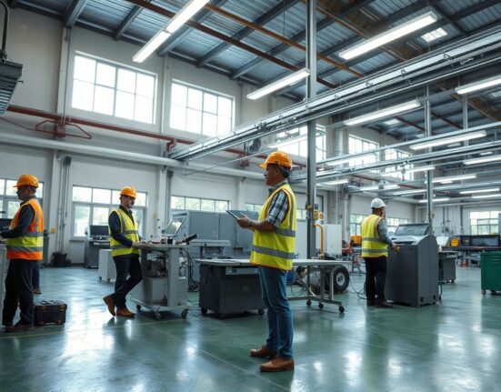 Workers on a factory floor in Colombia, representing the country's industrial output growth in June.