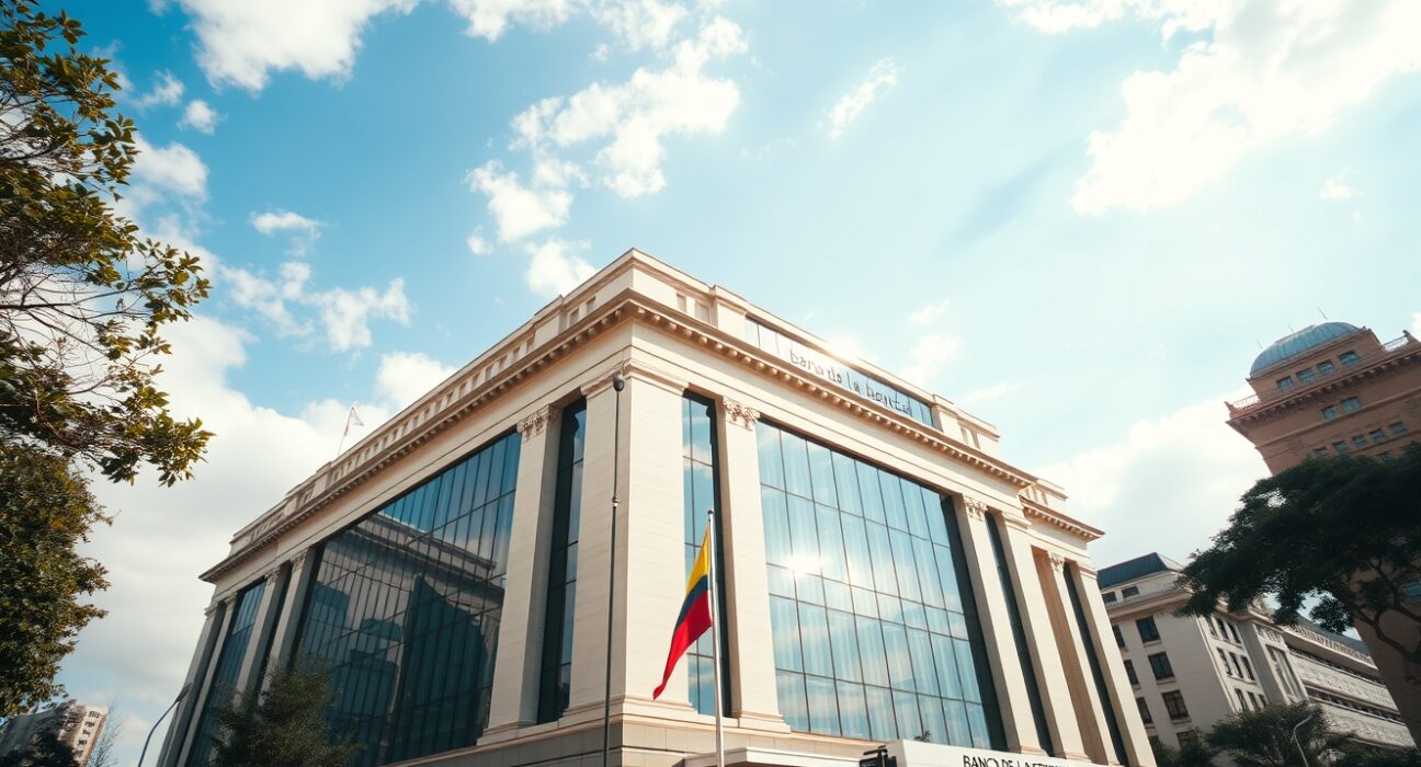 Banco de la República headquarters in Bogotá, Colombia, on a clear morning.