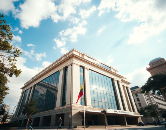 Banco de la República headquarters in Bogotá, Colombia, on a clear morning.