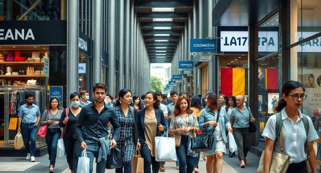 Shoppers on a busy street in Bogotá, Colombia, reflecting strong retail activity in June.