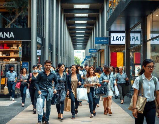 Shoppers on a busy street in Bogotá, Colombia, reflecting strong retail activity in June.