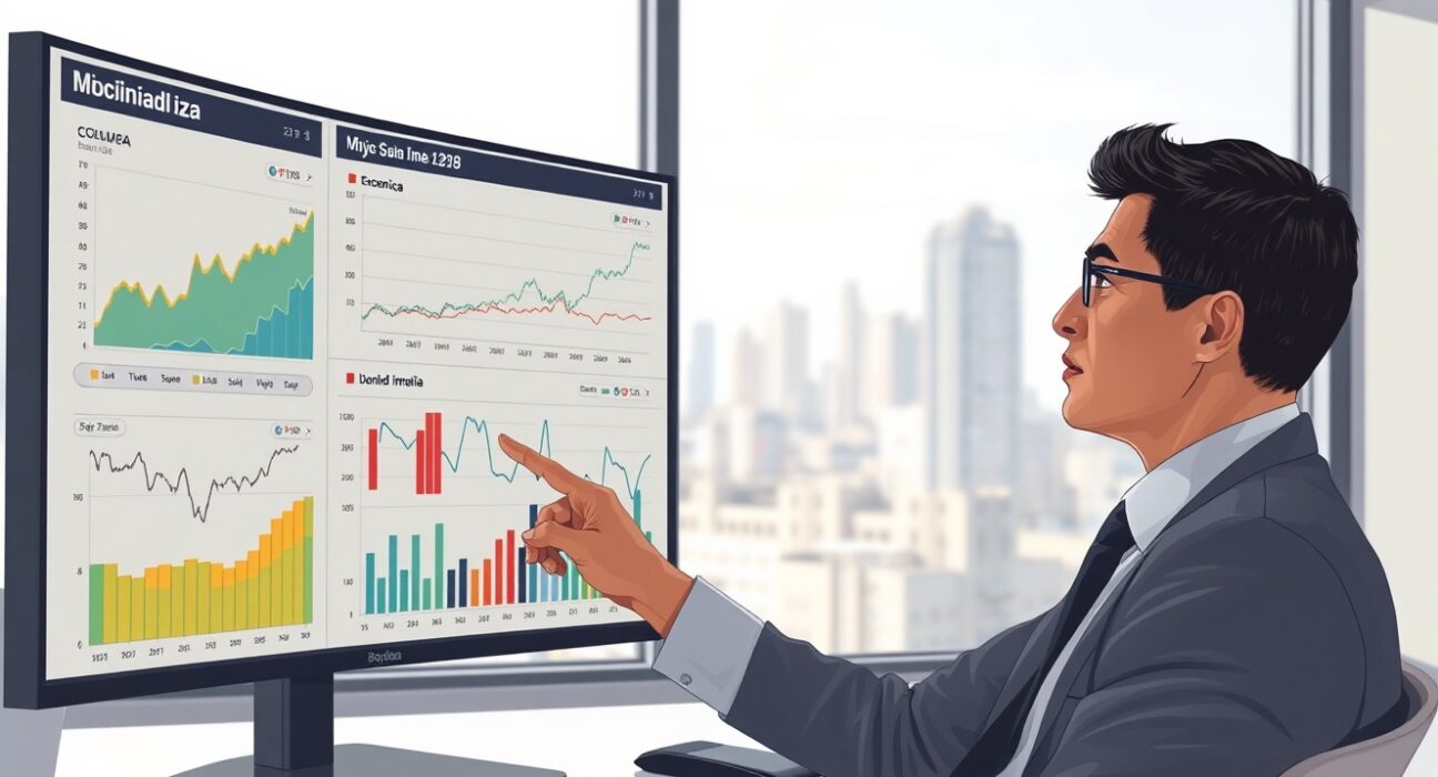 Financial analyst reviews Colombian economic and election data charts for Societe Generale market risk assessment.