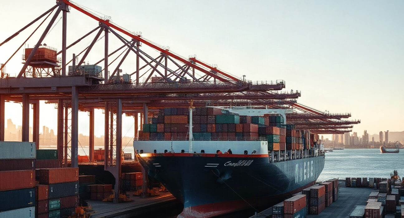 Port of Cartagena, Colombia, with cargo containers and a ship, representing trade activity