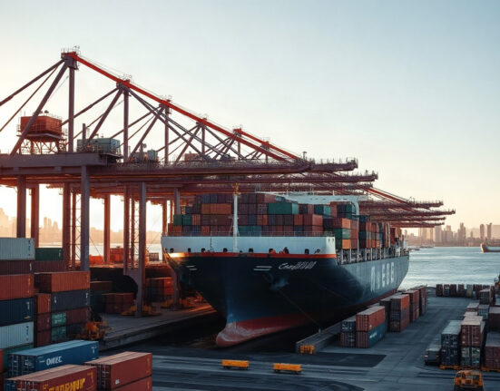 Port of Cartagena, Colombia, with cargo containers and a ship, representing trade activity