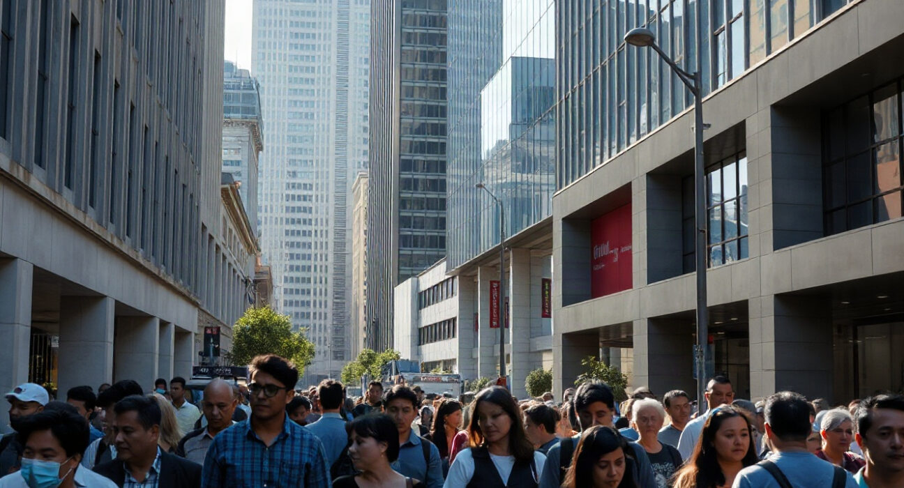 Pedestrians walk through a business district in Bogotá, Colombia, amid rising unemployment figures.