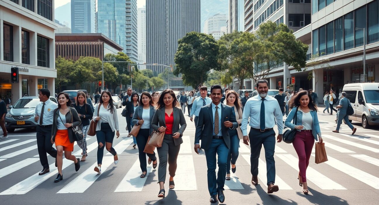 Workers cross a street in Bogotá, Colombia, as the national unemployment rate drops to 8% in June.