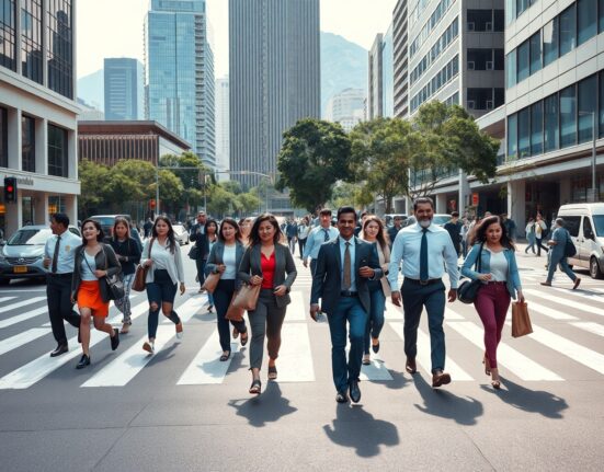 Workers cross a street in Bogotá, Colombia, as the national unemployment rate drops to 8% in June.