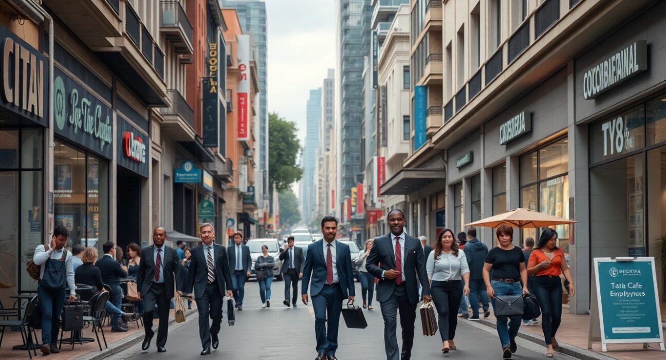 Busy street scene in Bogotá, Colombia, with professionals and shoppers, representing economic activity and lower unemployment.