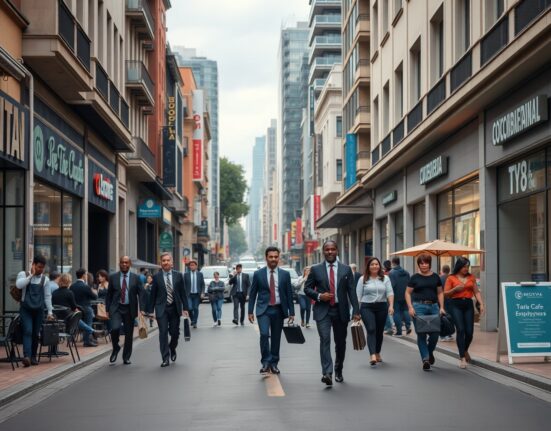 Busy street scene in Bogotá, Colombia, with professionals and shoppers, representing economic activity and lower unemployment.