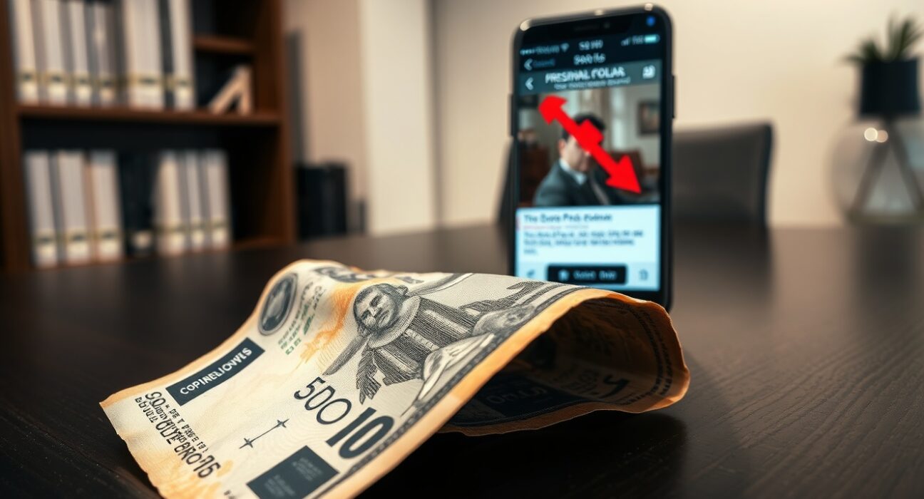 Colombian peso banknote and smartphone showing election poll results, illustrating currency drop due to leftist presidential candidate Gustavo Petro's lead.