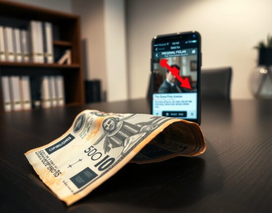 Colombian peso banknote and smartphone showing election poll results, illustrating currency drop due to leftist presidential candidate Gustavo Petro's lead.