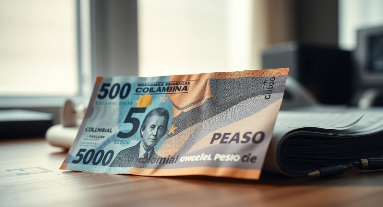 Colombian peso and US dollar banknotes on a desk, representing currency market speculation.