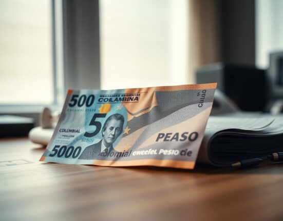Colombian peso and US dollar banknotes on a desk, representing currency market speculation.