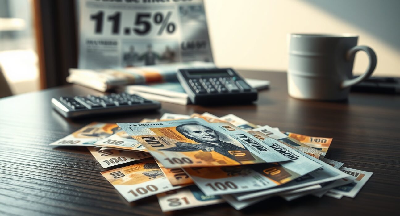 Colombian peso banknotes scattered on desk after central bank holds rates at 11.25%, triggering currency depreciation