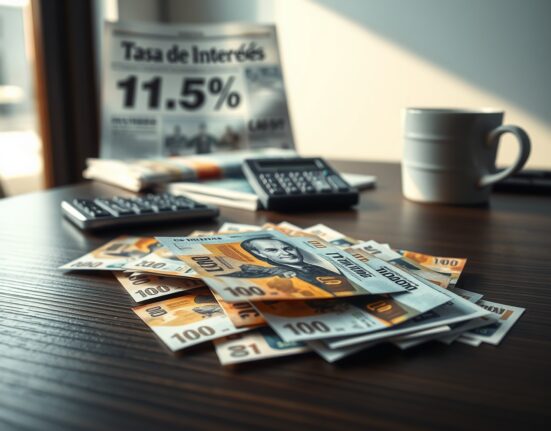 Colombian peso banknotes scattered on desk after central bank holds rates at 11.25%, triggering currency depreciation