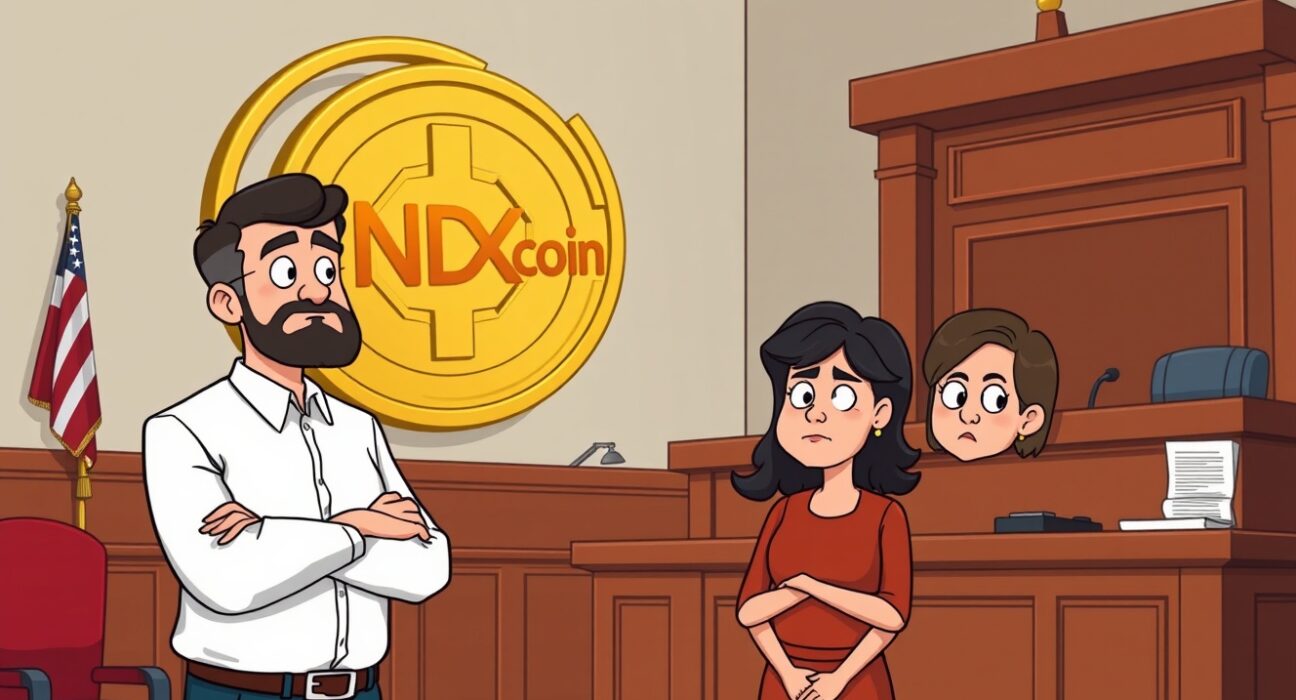 Cartoon illustration of a pastor and wife facing judgment for a devastating crypto scam, highlighting investor protection.
