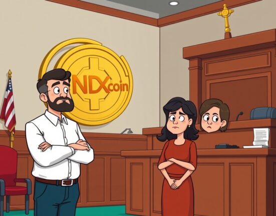 Cartoon illustration of a pastor and wife facing judgment for a devastating crypto scam, highlighting investor protection.