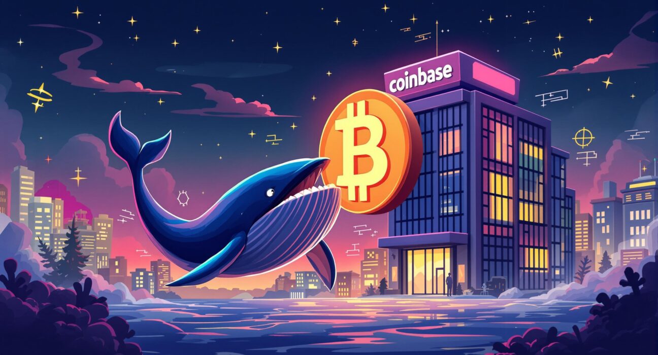 A cartoon whale pushing a large Bitcoin symbol towards an exchange, illustrating a significant Bitcoin transfer and its market impact.