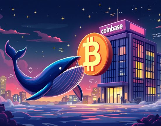 A cartoon whale pushing a large Bitcoin symbol towards an exchange, illustrating a significant Bitcoin transfer and its market impact.
